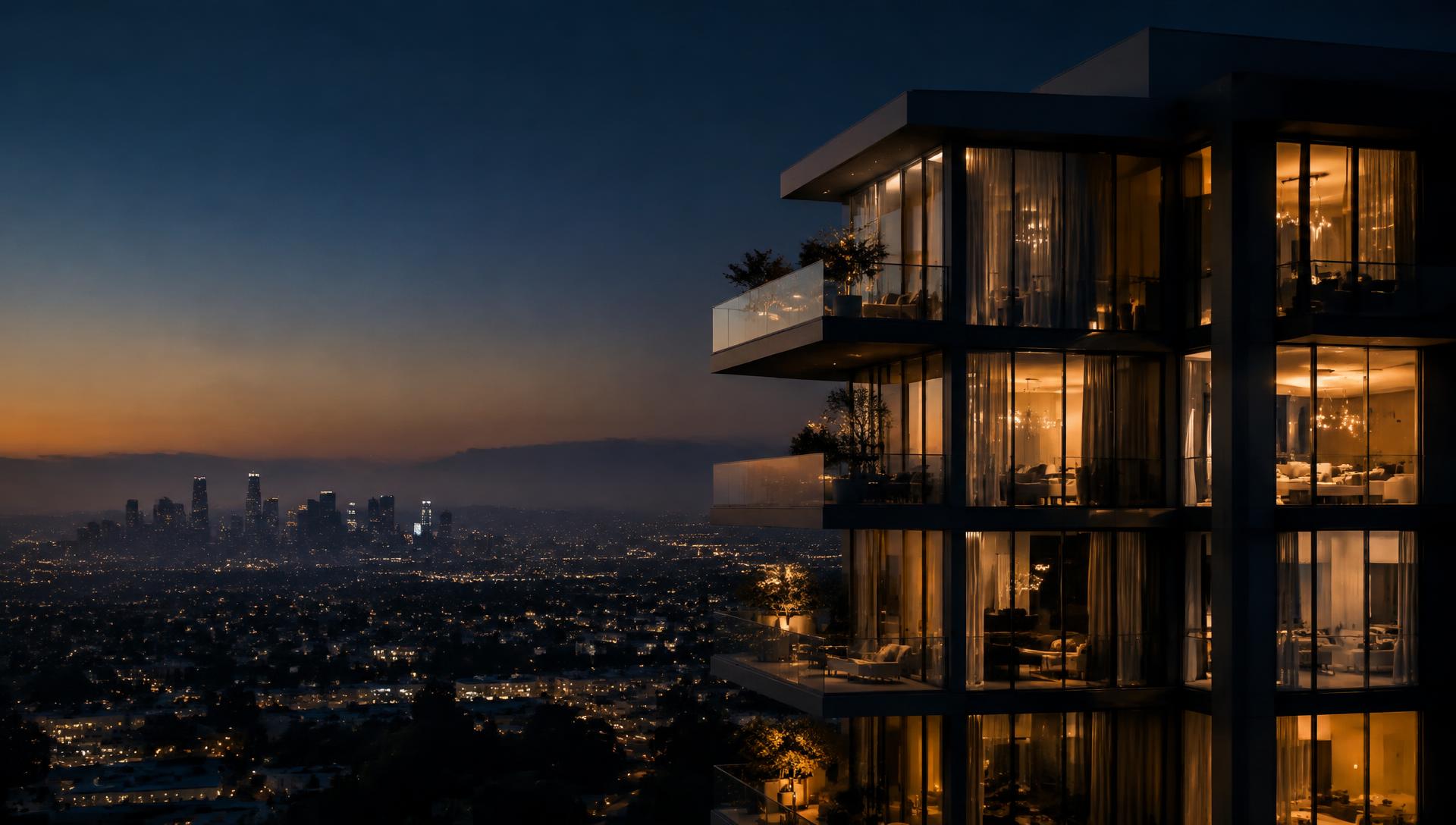 Luxury residential tower at dusk overlooking Los Angeles